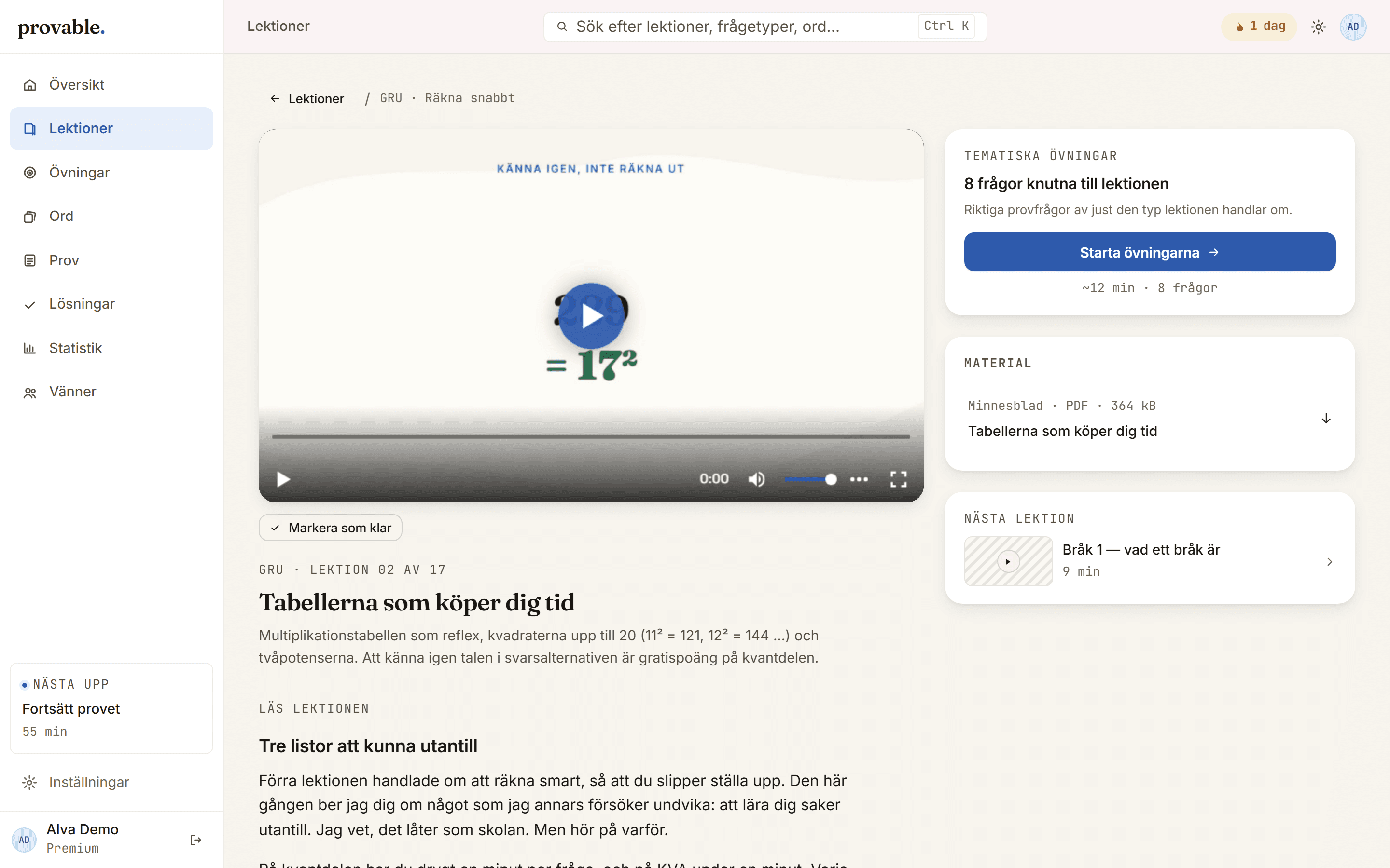 En lektion i Provable: videon överst, tematiska övningar och minnesblad som PDF bredvid, och lektionen i textform under