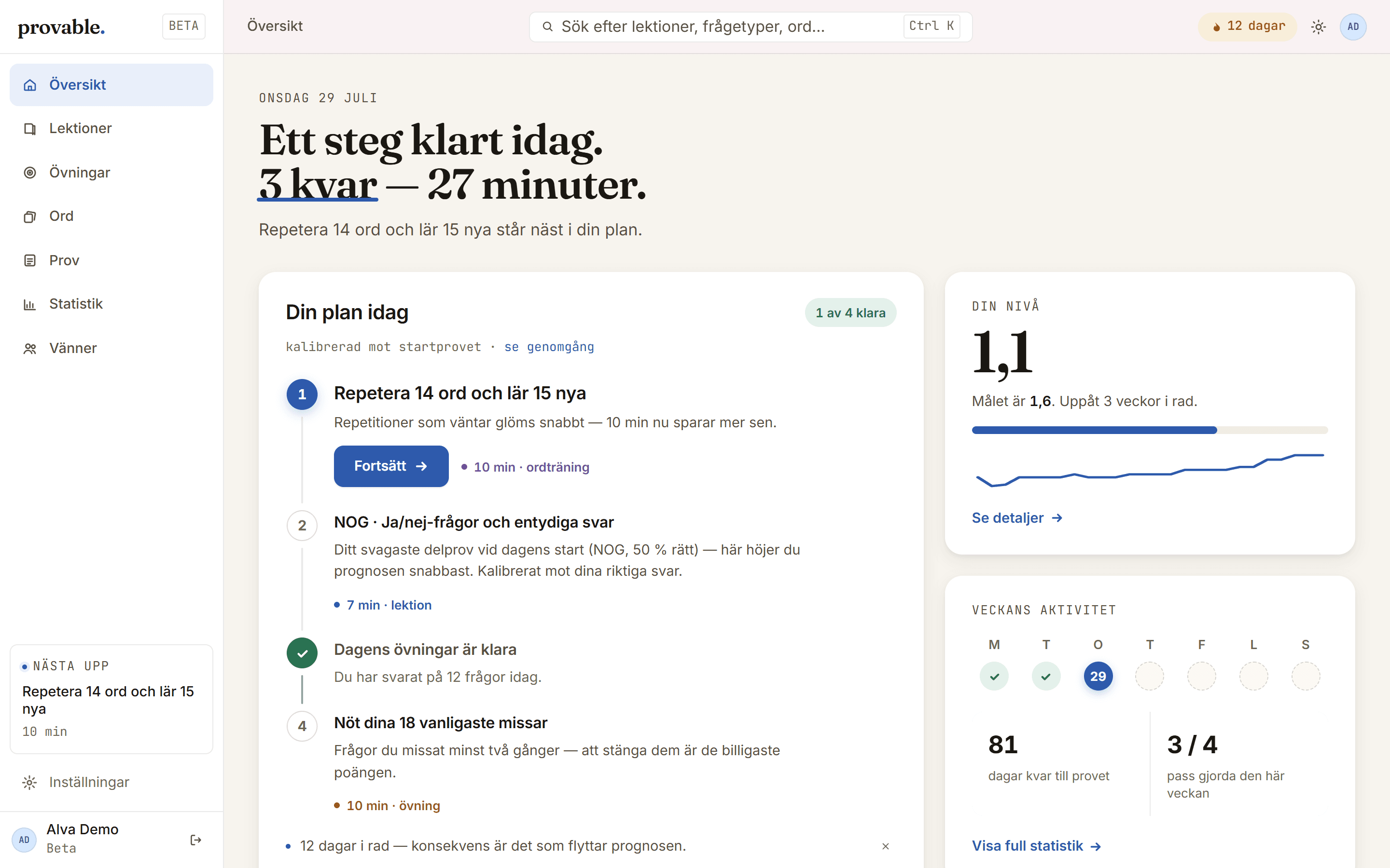 Provables översikt: dagens plan med fyra steg, nivåmätare och veckans aktivitet