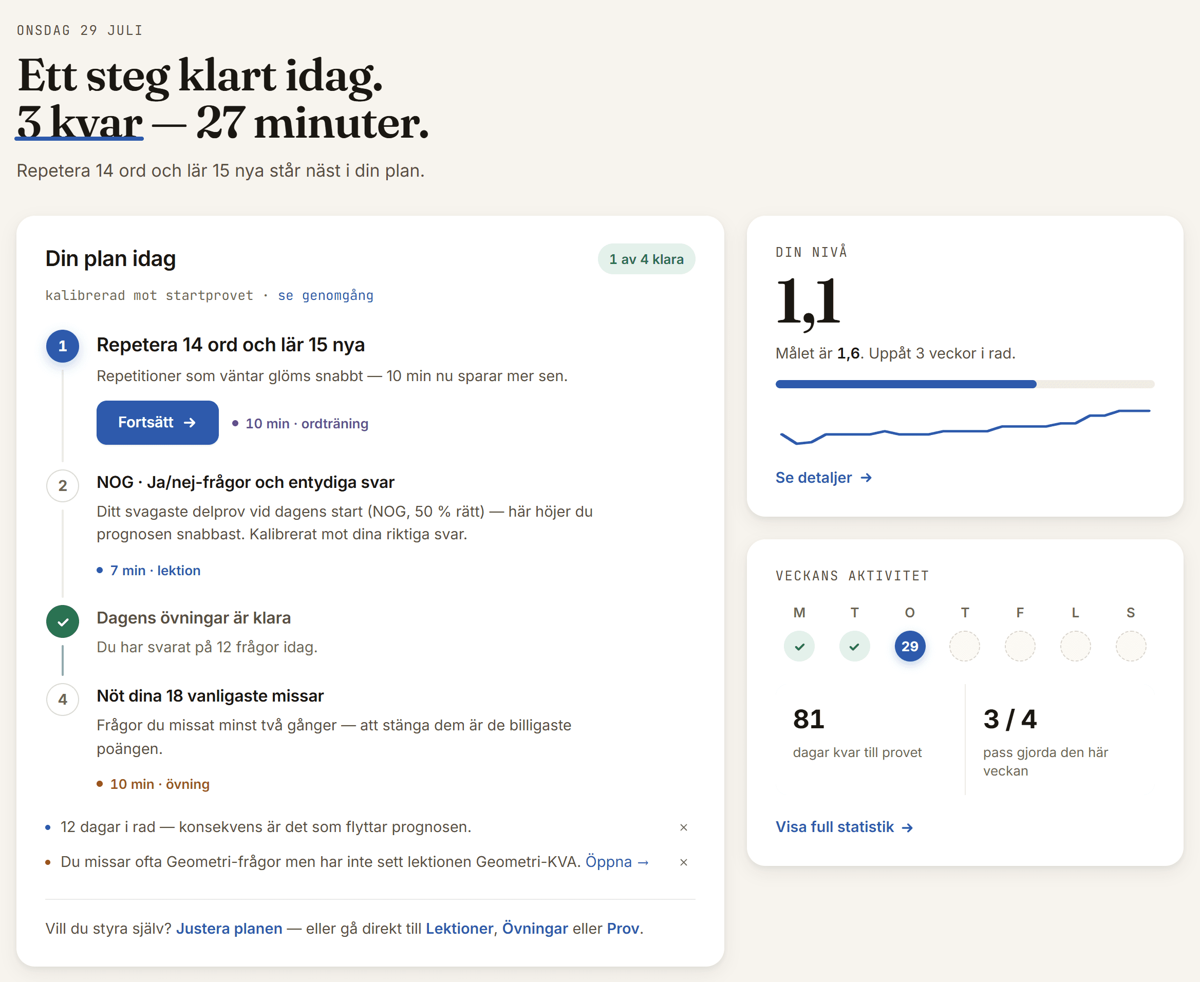 Dagens plan: fyra steg med skälrader och tidsangivelser, nivåmätare och veckans aktivitet
